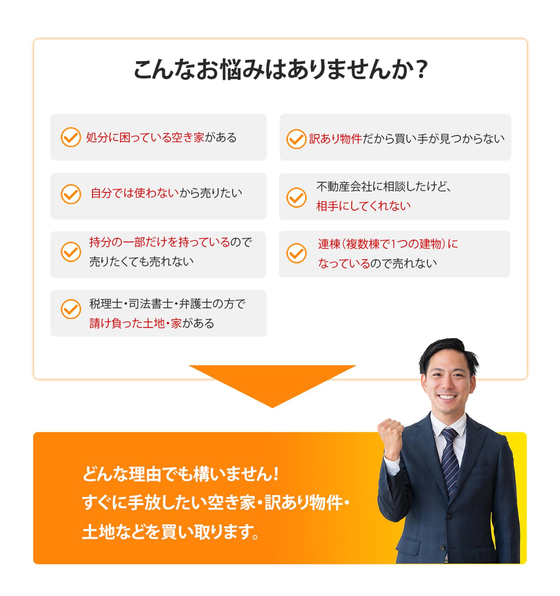 こんなお悩みはありませんか？処分に困っている空き家がある、訳あり物件だから買い手が見つからない、自分では使わないから売りたい、不動産会社に相談したけど相手にしてくれない、持分の一部だけを持っているので売りたくても売れない、連棟（複数棟で1つの建物）になっているので売れない、税理士・司法書士・弁護士の方で請け負った土地・家がある、など。どんな理由でも構いません！すぐに手放したい空き家・訳あり物件・土地などを買い取ります。