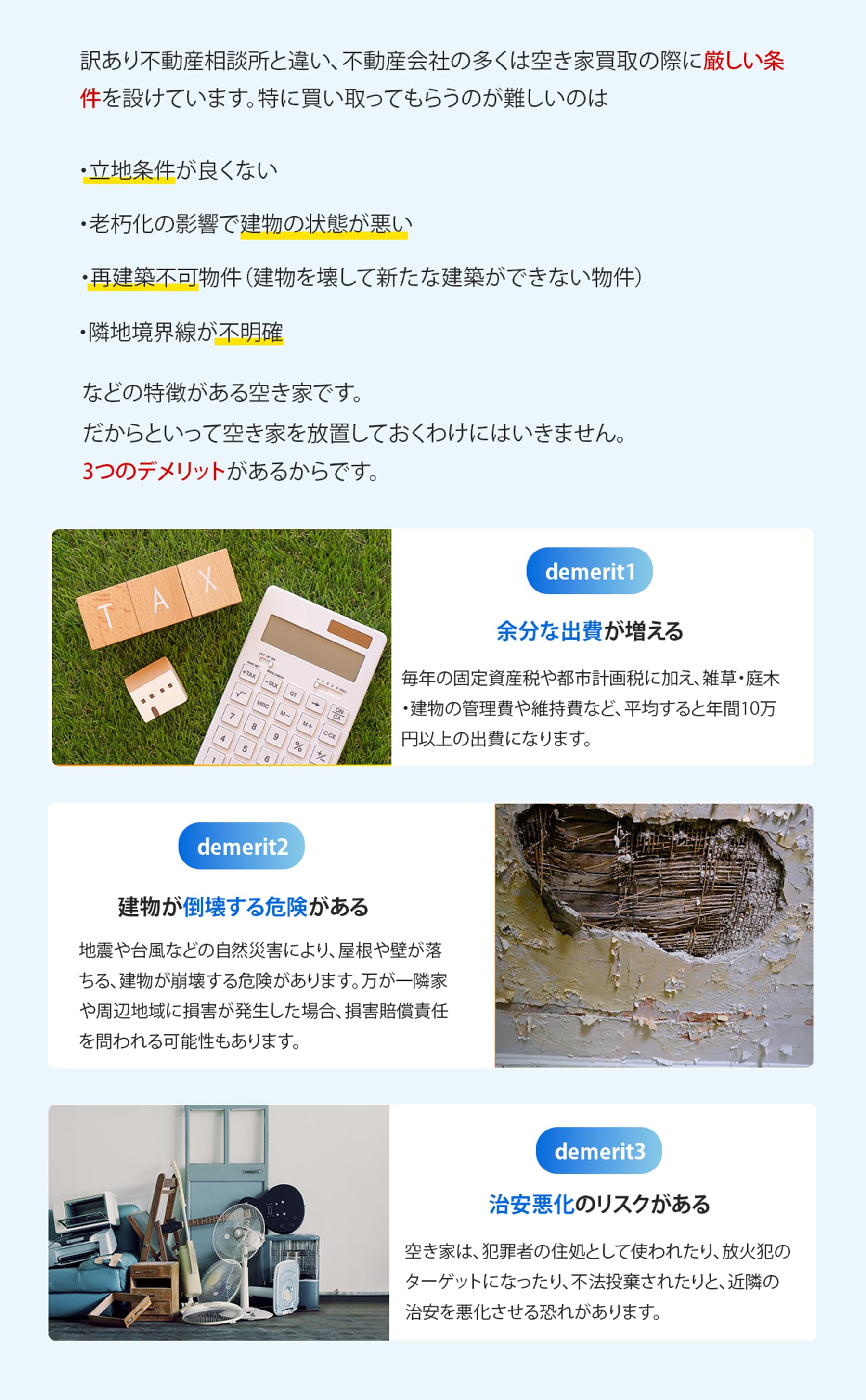 訳あり不動産相談所と違い、不動産会社の多くは空き家買取の際に厳しい条件を設けています。特に買い取ってもらうのが難しいのは、立地条件が良くない、老朽化の影響で建物の状態が悪い、再建築不可物件（建物を壊して新たな建築ができない物件）、隣地境界線が不明確などの特徴がある空き家です。だからといって空き家を放置しておくわけにはいきません。3つのデメリットがあるからです。1つ目のデメリットとして、余分な出費が増えるためです。毎年の固定資産税や都市計画税に加え、雑草・庭木・建物の管理費や維持費など、平均すると年間10万円以上の出費になります。2つ目のデメリットとして、建物が倒壊する危険があるためです。地震や台風などの自然災害により、屋根や壁が落ちる、建物が崩壊する危険があります。万が一隣家や周辺地域に損害が発生した場合、損害賠償責任を問われる可能性もあります。3つ目のデメリットとして、治安悪化のリスクがあるためです。空き家は、犯罪者の住処として使われたり、放火犯のターゲットになったり、不法投棄されたりと、近隣の治安を悪化させる恐れがあります。